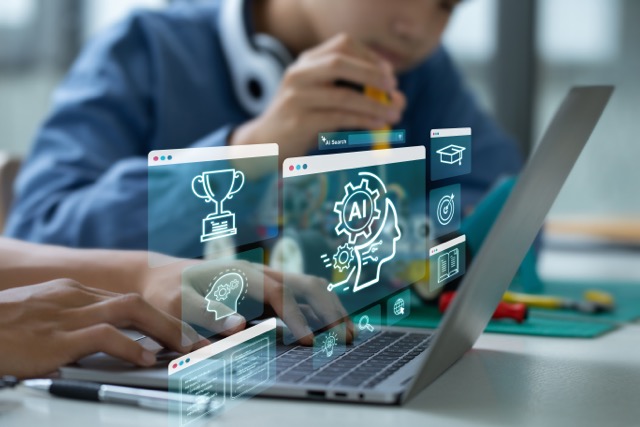 ai artificial intelligence, stem. teenage students engage in hands on stem education, building robots and learn to use artificial intelligence through coding and programming.stem education concept.